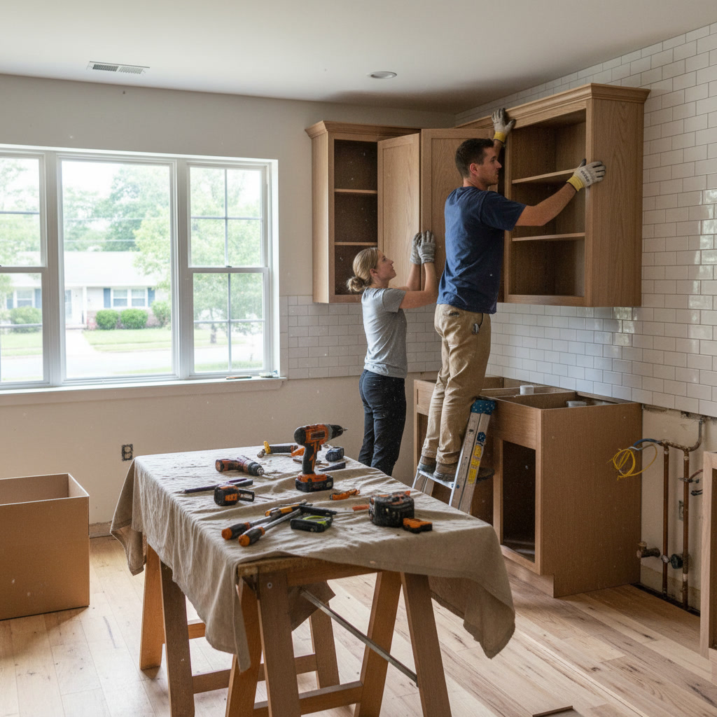 contractor installing kitchen cabinets during remodel project