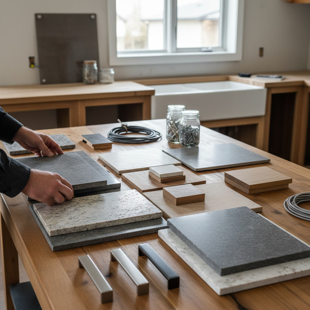 Kitchen countertop and cabinet material samples displayed for selection