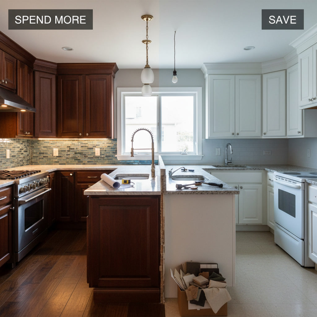 finished kitchen remodel showing new flooring and countertops in New Jersey home
