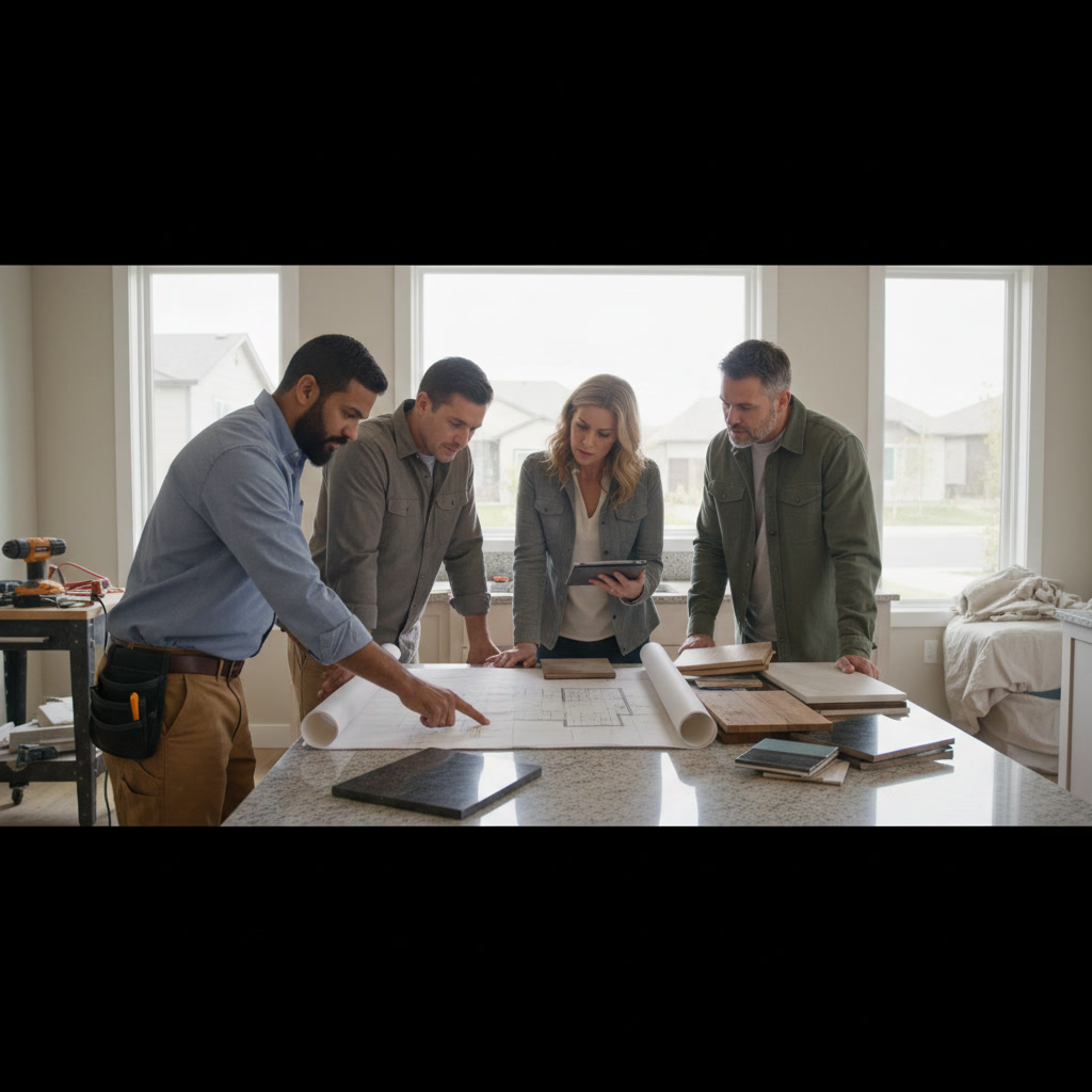 Contractor reviewing kitchen remodel plans and blueprints with homeowner