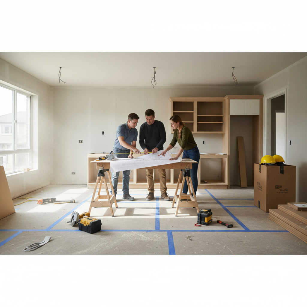 Professional kitchen remodel planning with blueprints and material samples