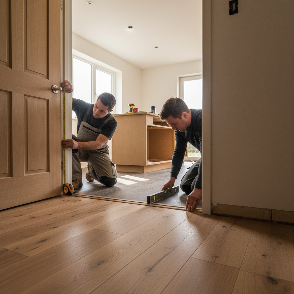 Installer measuring door clearance and height transitions for kitchen flooring overlay