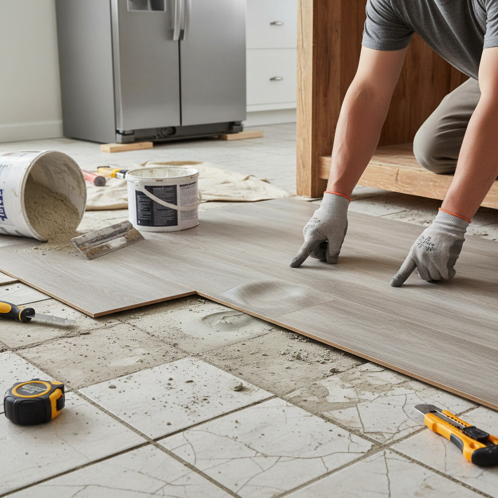 Professional contractor installing luxury vinyl plank flooring over existing kitchen tile