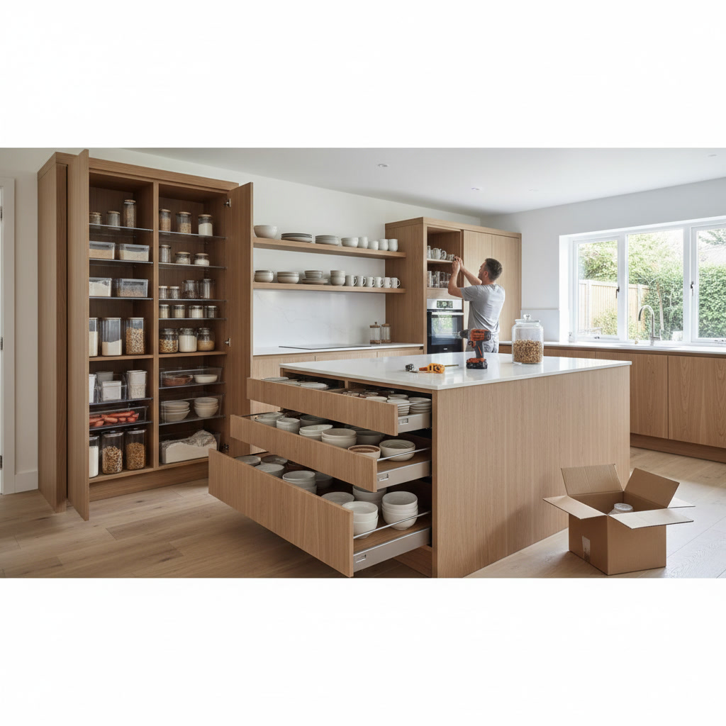 Modern kitchen with efficient storage solutions and organized cabinets