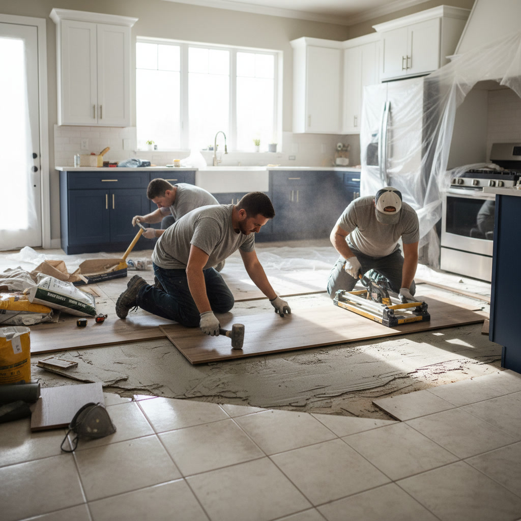 Modern kitchen with new flooring installed over existing floor in South Jersey home