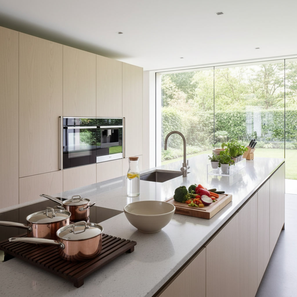 Cramped kitchen counter with appliances and limited prep space