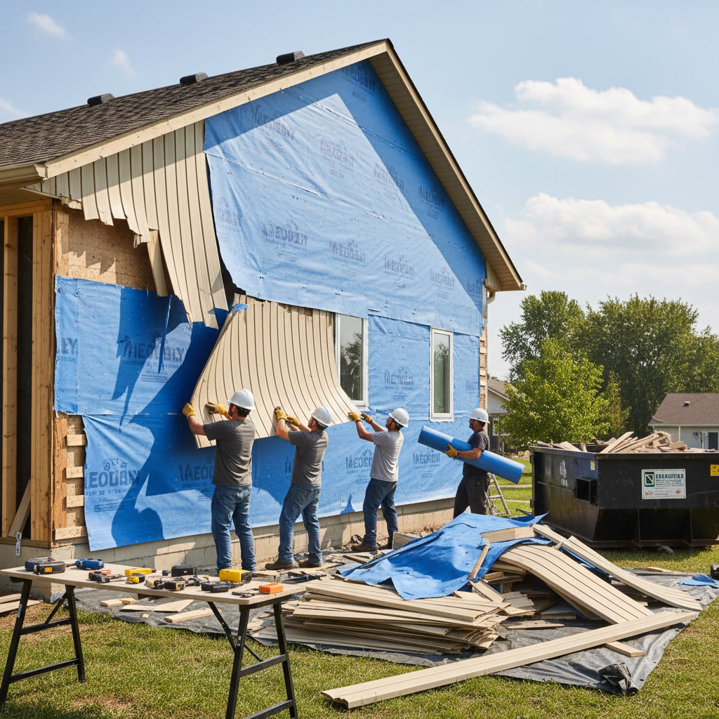 Contractor removing old siding and inspecting wall sheathing before new installation