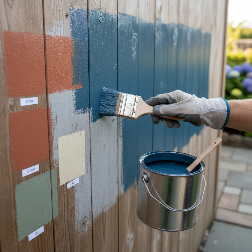 Contractor applying exterior paint to coastal home siding