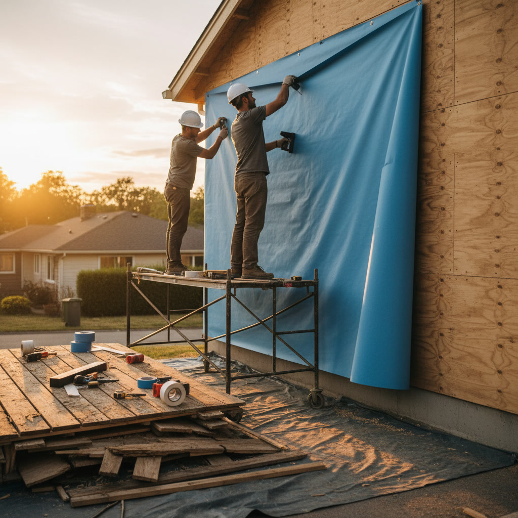 House wrap and moisture barrier installation on exterior wall before siding panels