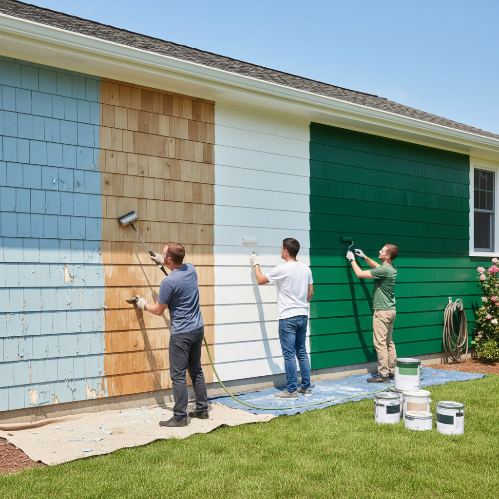 Before and after exterior paint application showing proper surface preparation
