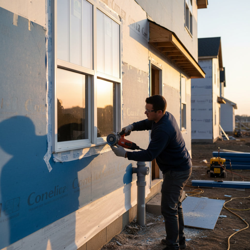 Siding panels cut and fitted around window with proper flashing and trim