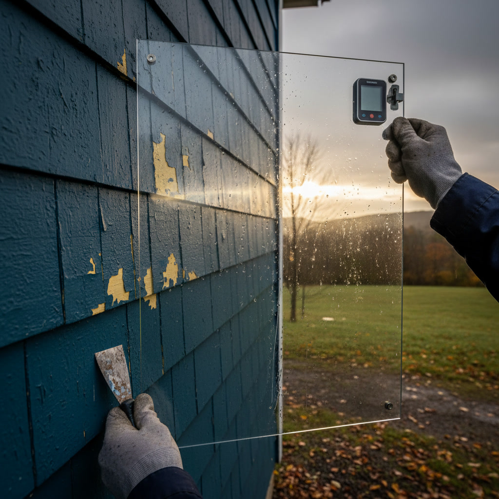 Paint color samples tested on actual home exterior showing light variations